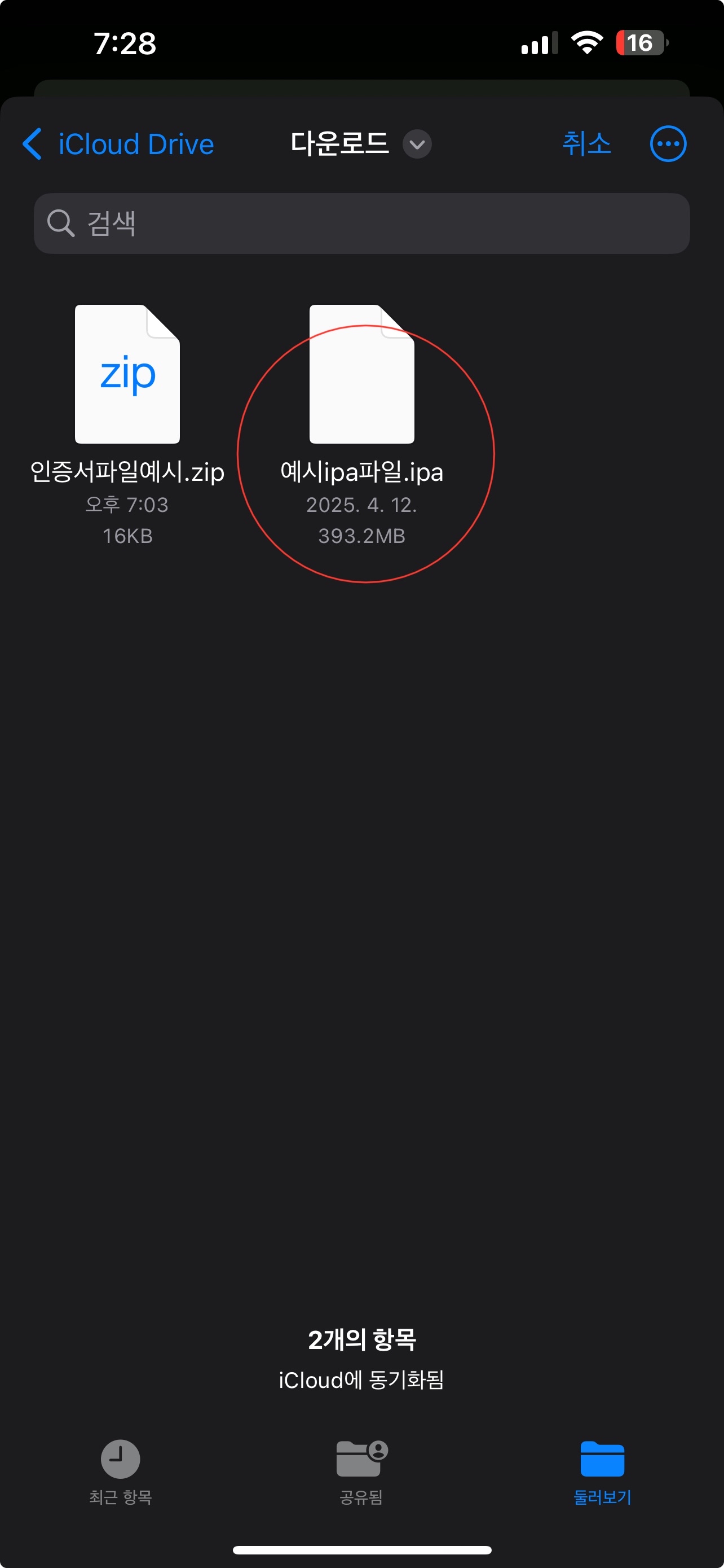IPA 파일 선택